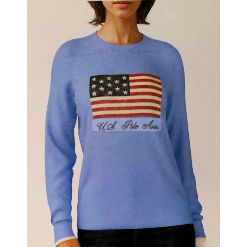 U.S. Polo Assn. Crewneck Sweater American Flag Women Light Blue, Size XL